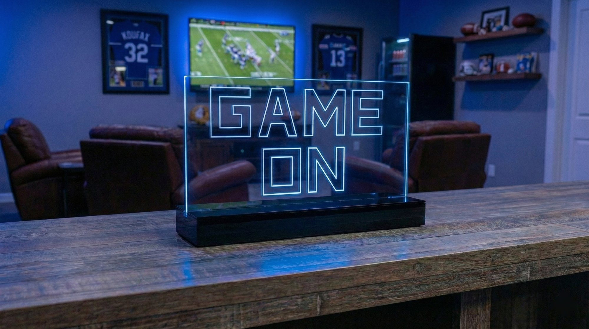 Game On Rally Light showing blue and red team colors in a man cave setting